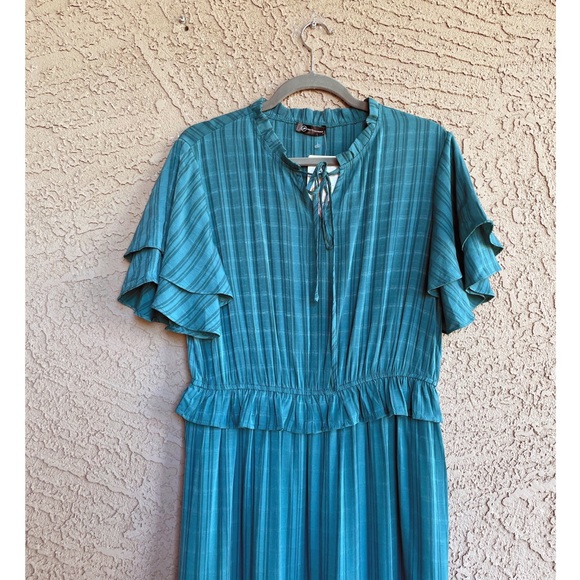 PRETTY GARDEN NWT Teal Green Subtle Striped Ruffle Flutter Sleeve Maxi Dress L - Picture 8 of 9